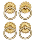 Vintage Antique Brass Ring Pulls Set Of 4 For Cabinets Pure Solid Brass Cabinet Hardware With Flower Disk Design 1.4 Inch