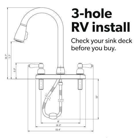 Diagram of Two Handle Pull Down Kitchen Sink Faucet With Sprayer And Stream Spray Toggle, Hi Rise Brass Spout, 3-hole RV install