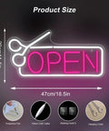 Pink Hair Salon Neon Light Open Sign LED Barbershop Sign USB Powered Colorful Light Up For Beauty Room Salon Store Cafe Club Hotel, Great For Attracting Customers And Boosting Turnover In Busy Venues, shown with measurements and accessories