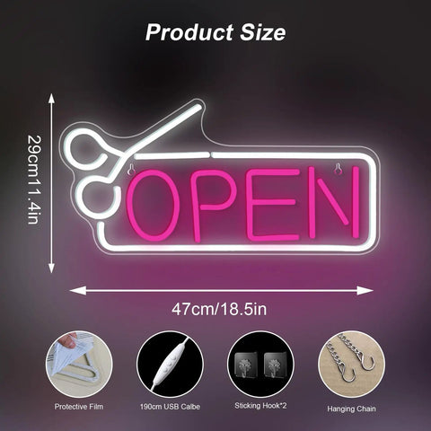 Pink Hair Salon Neon Light Open Sign LED Barbershop Sign USB Powered Colorful Light Up For Beauty Room Salon Store Cafe Club Hotel, Great For Attracting Customers And Boosting Turnover In Busy Venues, shown with measurements and accessories