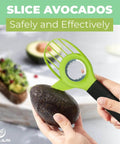 Green fruit prep tool with stainless steel blade ring; avocado slicer by Owlari.