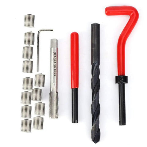 M10x1.25 Stainless Steel Rethreading Tap Set All-In-One 17-Piece Thread Repair Kit tools and 12 thread inserts displayed