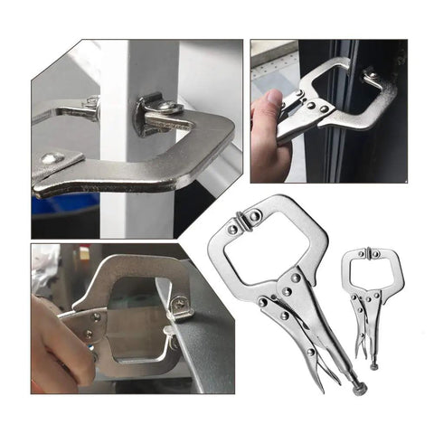 4 Pack Heavy Duty C Clamp Locking Clamps With 6 Inch And 11 Inch Tips, Swivel Pads, Quick Trigger Release, Chrome Vanadium Alloy Build, Built To Last For Your Home Workshop And Craft Projects That Grip Odd Shapes Tight, locking clamp in use