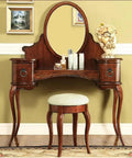 Wooden dressing table with mirror and stool, featuring retro bronze drop ring cabinet pulls on drawers.