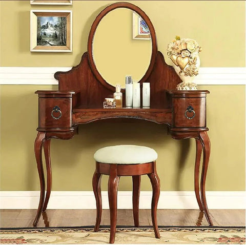 Wooden dressing table with mirror and stool, featuring retro bronze drop ring cabinet pulls on drawers.