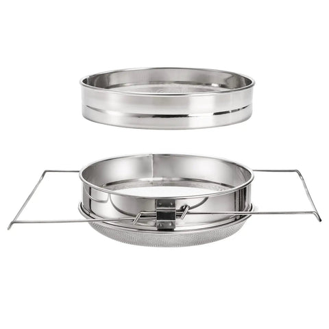 Stainless Steel Honey Strainer With Double Sieve For Beekeeping Gear, Mesh Filter Screen, 9 Inch Diameter, 4 Inch Depth, components disassembled.