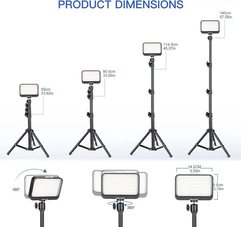 Product dimensions of Two Pack LED Video Light Kit With Adjustable Tripod Stands, Dimmable Continuous Lighting, 5 Color Filters displayed.