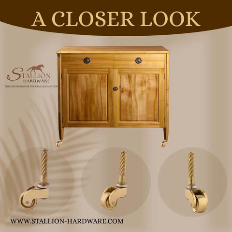 Heavy Duty Brass Furniture Casters With Slick Rolling Swivel Wheels And Quick Mounting Screws No Fuss Vintage Style Replacement Rollers For Tables Couches Three Quarter Inch Plug And Play Top Shelf Upgrade with visible caster details.