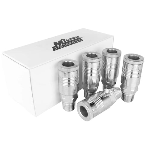 Five Half Inch Male G Style Pneumatic Quick Connect Fittings Heavy Duty Air Tool Couplers displayed in front of box