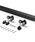Six Foot Sliding Pocket Door Hardware Kit Black With Aluminum Box Rail, Commercial Grade, Smooth Quiet Operation, Easy Install, Track Can Be Cut To Length, 68.5 Inch Track For 24 To 36 Inch Wide Single Doors, Ball Bearing Three Wheel Rollers, No Door.