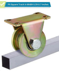 Top Shelf Heavy Duty V Groove Wheel And Sliding Gate Casters on square track, yellow steel roller for industrial use.