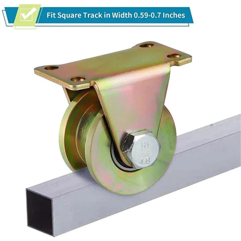 Top Shelf Heavy Duty V Groove Wheel And Sliding Gate Casters on square track, yellow steel roller for industrial use.