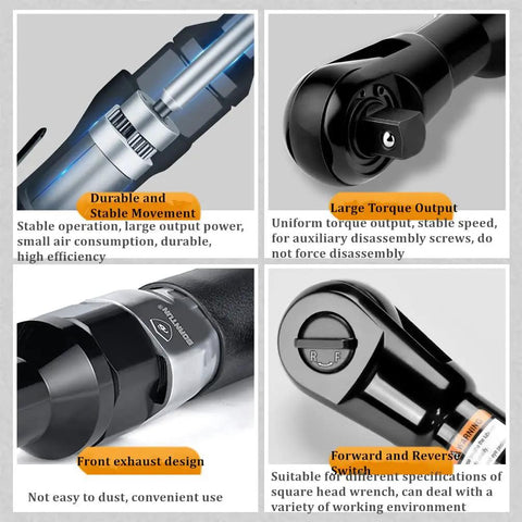 Three Eighths Inch Pneumatic Ratchet Wrench Beefy Heavy Duty Tool For Auto Shop Seventy Foot Pounds Of Torque One Hundred Sixty RPM Ninety PSI Three Hundred Sixty Degree Swivel Joint Narrow Space Design Easy Left Right Switch Quick Sleeve Change close-up details and features.
