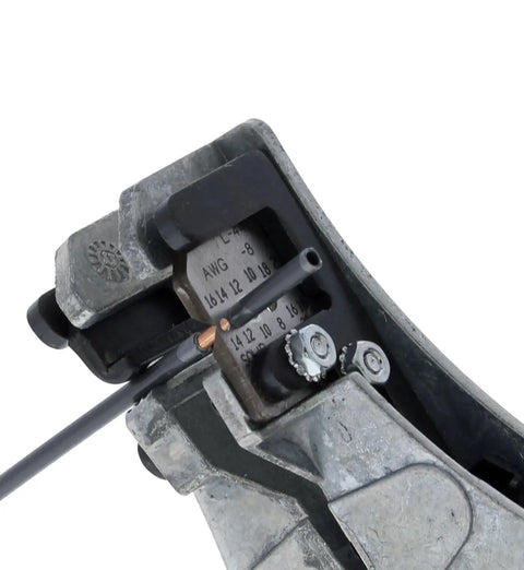 Close-up of Stripmaster Wire Stripper For 10-22 AWG One Step Precision Stripping Clean Every Time Up To 7/8 In die cast zinc frame