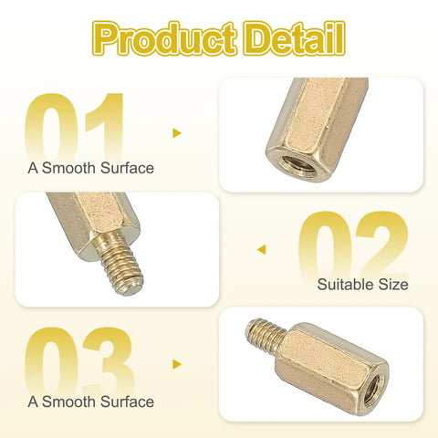 Close-up of Heavy Duty Gold M2.5 X 9 Plus 4 mm Female Thread Hex Brass PCB Standoff Spacer showing smooth surface and threaded end.