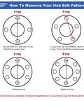 Diagram for measuring hub bolt pattern showing 4-lug, 5-lug, 6-lug, and 8-lug configurations and descriptions for each.