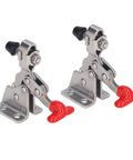 Pair of fast release vertical toggle clamps for woodworking, beefy 304 stainless steel, 150 lb capacity, with red handle grips