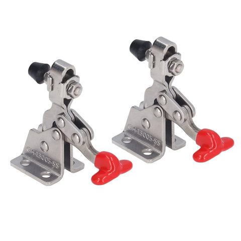 Pair of fast release vertical toggle clamps for woodworking, beefy 304 stainless steel, 150 lb capacity, with red handle grips