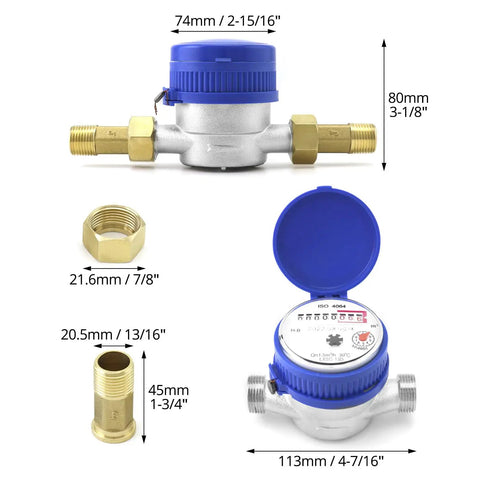 Two Pack Water Meter For Cold Water With Pulse Output Half Inch BSPT Thread And Half Inch NPT Adapters Rotating Dial For Easy Reading