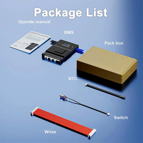 Package contents for Heavy Duty 8S To 24S Lithium Battery Management System including BMS, wires, manual, and components.