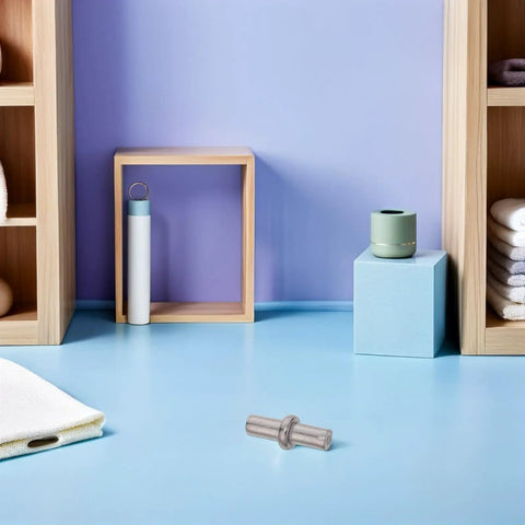Heavy Duty Stainless Steel Spring Hinge Pins For Cabinet Doors And Wardrobe Drawers on a blue floor with storage shelves.