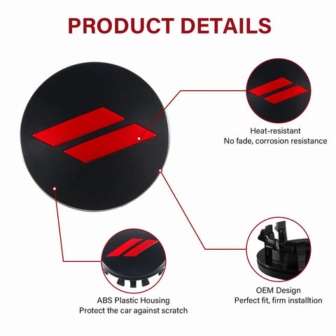 4 Pack 63mm Slash Wheel Center Cap Covers Red For Dodge Charger Challenger Durango Journey Dart Avenger Hornet R/T SRT Hub Caps With Valve Stem Caps, Durable Non Fading Rim Trim Replacement product details diagram