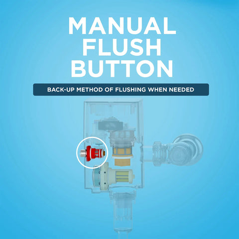 Manual flush button for Top Shelf Water Powered Touchless Toilet Flush Valve, red emergency flush option for backup operation.