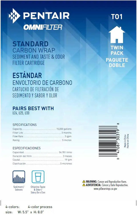 Budget Friendly 10 Inch 5 Micron Whole House Carbon Filter Replacement Pack Of 2 packaging with specifications and barcode