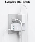 Heavy Duty Multi Plug Outlet Extender With Dual PD 20W USB C Fast Chargers And Three AC Sockets installed on wall with multiple cables.