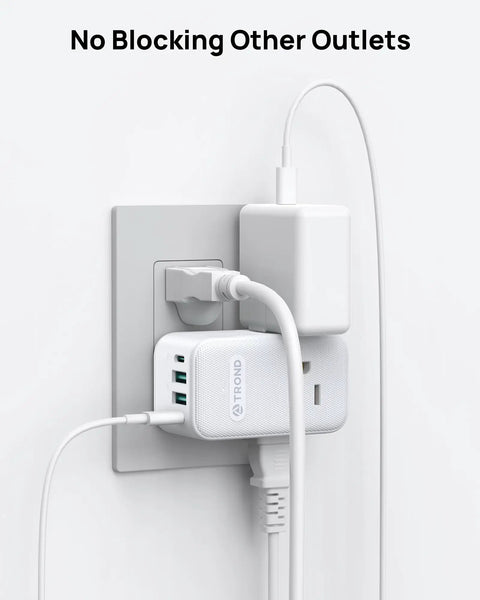Heavy Duty Multi Plug Outlet Extender With Dual PD 20W USB C Fast Chargers And Three AC Sockets installed on wall with multiple cables.