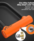 Heavy Duty Bike U Lock With 5ft Steel Cable, 17mm Shackle, Keys, And Sturdy Mounting Bracket, Anti Theft U Lock For Road, Mountain, And Electric Bikes, Weatherproof And Scratch Resistant Orange, orange lock body and cylinder detail