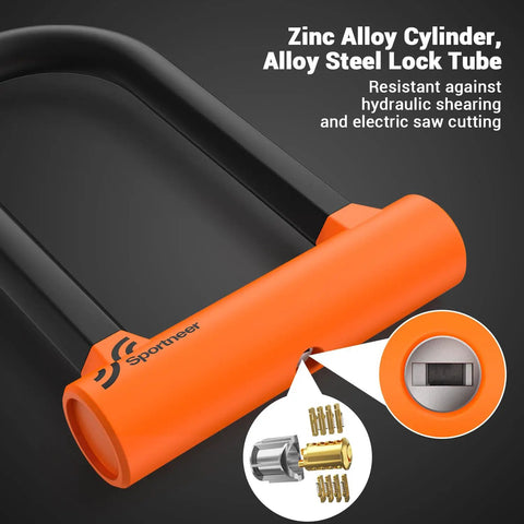Heavy Duty Bike U Lock With 5ft Steel Cable, 17mm Shackle, Keys, And Sturdy Mounting Bracket, Anti Theft U Lock For Road, Mountain, And Electric Bikes, Weatherproof And Scratch Resistant Orange, orange lock body and cylinder detail