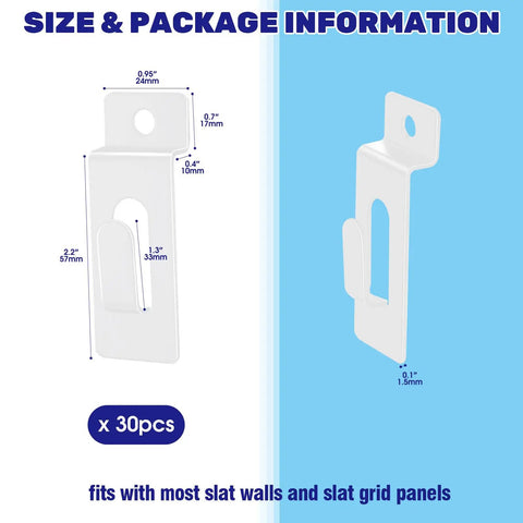 30Pcs Slatwall Notch Hooks dimensions for display panels and pegboard hangers, white slatwall accessories for organization