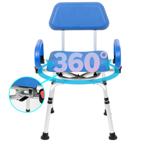 Swivel Pivot Shower Chair With 360 Degree Rotating Seat Padded Seat Back And Armrests Non Slip Base Adjustable Height Blue