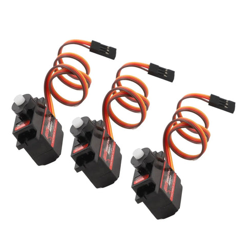 Three Heavy Duty RC Servo Motors Crushing Heavy Loads With Rock Solid High Torsion And Lightning Fast Response, black with orange wires.