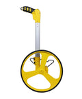 Heavy Duty Gear Driven Measuring Wheel With Tough Plastic Housing And Five Digit Counter Built Like A Tank With Quick Fold Handle And Kickstand Diecast Aluminum Wheel Aces Road Layouts Mw40M side view with yellow handle.