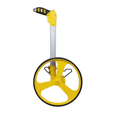 Heavy Duty Gear Driven Measuring Wheel With Tough Plastic Housing And Five Digit Counter Built Like A Tank With Quick Fold Handle And Kickstand Diecast Aluminum Wheel Aces Road Layouts Mw40M side view with yellow handle.