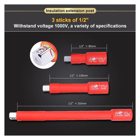 Three red 1/2 inch insulated extension posts from 32-Piece 1000V Insulated Socket Kit With One Half Inch Ratchet Wrench And Sleeve Hex Head Maintenance Tools Pro Grade Pliers And Screwdriver Included Metric Socket Set For Safe Live Wire Work.