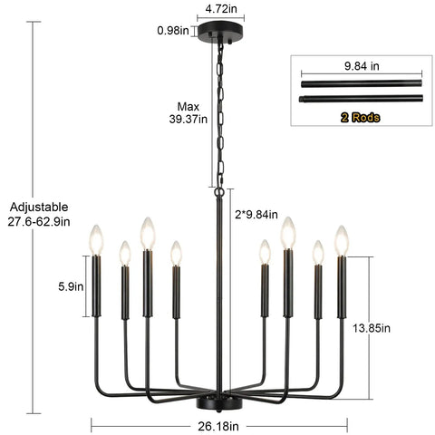 Eight Light Modern Black Farmhouse Chandelier For Dining Room Living Room Kitchen Foyer And Bedroom With Candle Style Illumination And 360 Degree Lighting For High Ceilings This Dope Fixture, dimensions and rods displayed