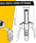 Front view grease gun coupler with double-handle quick-lock release, chrome finish, 1/8 in NPT threaded end.