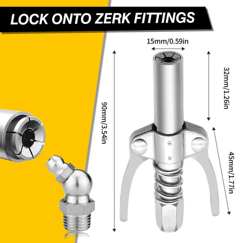 Front view grease gun coupler with double-handle quick-lock release, chrome finish, 1/8 in NPT threaded end.