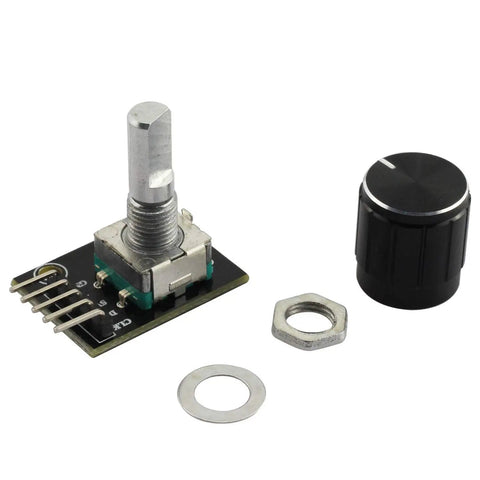 Image of 2 Pack KY-040 Dope 360 Degree Rotary Encoder Module with clickable switch and knob cap, ideal for Arduino projects.