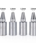 Desoldering Nozzle Set For 0.8mm 1.0mm 1.2mm 2.0mm Tips, Four Piece Replacement Kit For 948D-I And 948D-III Desoldering Stations, Easy Install, Pro Grade Brass Nozzles, Not Compatible With 948-III. Four brass desoldering nozzles labeled 0.8mm, 1.0mm, 1.2mm and 2.0mm