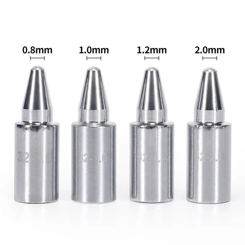 Desoldering Nozzle Set For 0.8mm 1.0mm 1.2mm 2.0mm Tips, Four Piece Replacement Kit For 948D-I And 948D-III Desoldering Stations, Easy Install, Pro Grade Brass Nozzles, Not Compatible With 948-III. Four brass desoldering nozzles labeled 0.8mm, 1.0mm, 1.2mm and 2.0mm