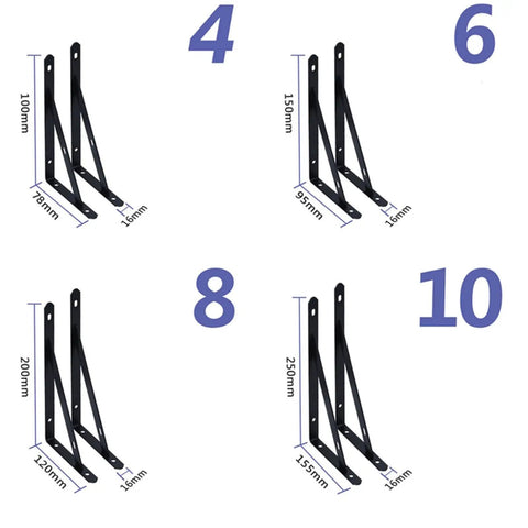 Triangular Iron Shelf Brackets 10 Pack For Home Repair And Cabinet Corner Support Board Connection Brace sizes 100mm to 250mm