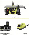 Straight Fire Cutting Powerhouse Pairing A Hella Portable Eight Quarter Inch Compact Table Saw With A Seven Quarter Inch Sliding Miter Kit Featuring Brushless Motors Two Solid Batteries Quick Charger And Top Tier Accuracy For Each Pro Builder image showing brushless 8-1/4" table saw, 4.0Ah battery, and charger.