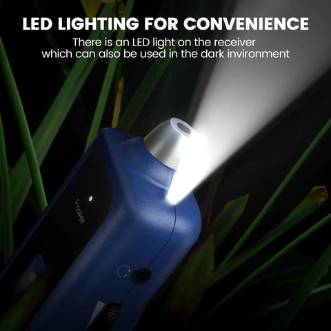 LED light on Underground Wire Locator And Cable Tester F02 Pro used in dark to locate buried wires, rechargeable tool
