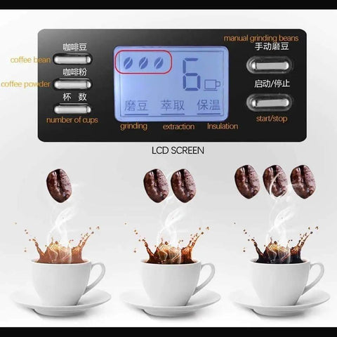 LCD display of Next Level Drip Coffee Maker With Built In Grinder, Digital Display And Adjustable Brew Strength showing brewing process.
