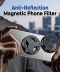 Person attaches Magnetic CPL Phone Camera Filter Kit With Quick Mount Polarizing Filter Upgraded Anti Glare Filters to phone