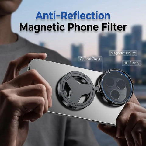 Person attaches Magnetic CPL Phone Camera Filter Kit With Quick Mount Polarizing Filter Upgraded Anti Glare Filters to phone